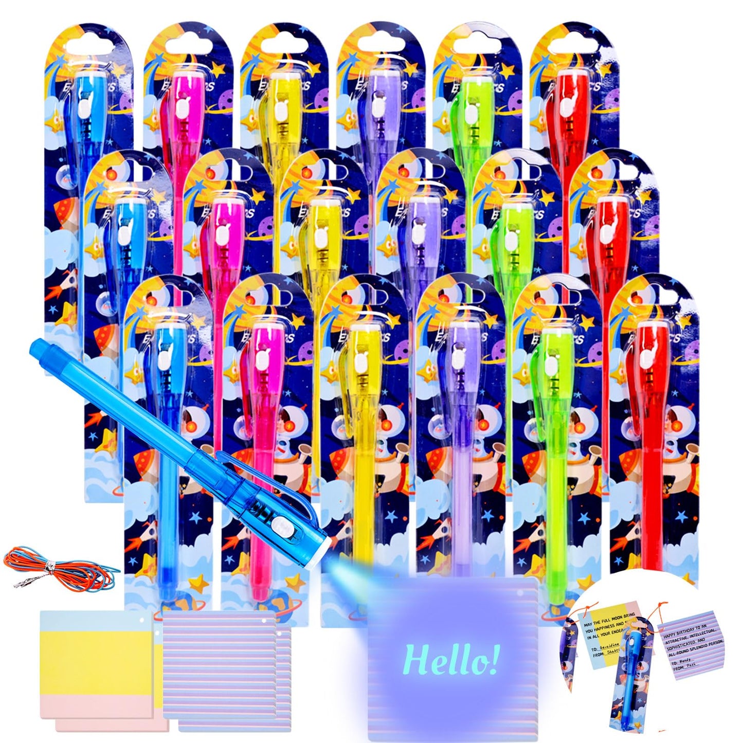 EODVICS 24 Pack Upgraded Invisible Ink Spy Pen with Gift Cards, UV Light Magic Marker for Secret Messages, Bulk Birthday Party Favors Goodie Bags Classroom Prizes for Kids Ages 3+