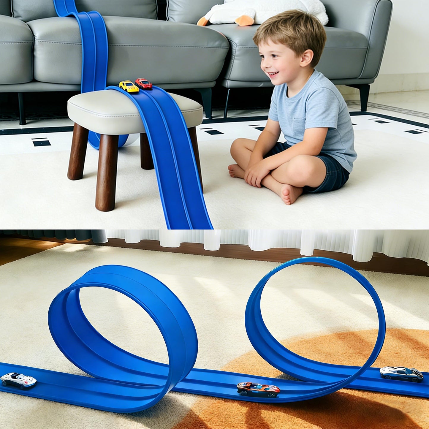 16Ft Flexible Race Car Track for Kids, Flex Track Toy with 4 Race Cars and Suction Cups, Compatible with Hot Wheels and 1/64th Cars, Rolls Up Portable Racetrack for Ages 345678