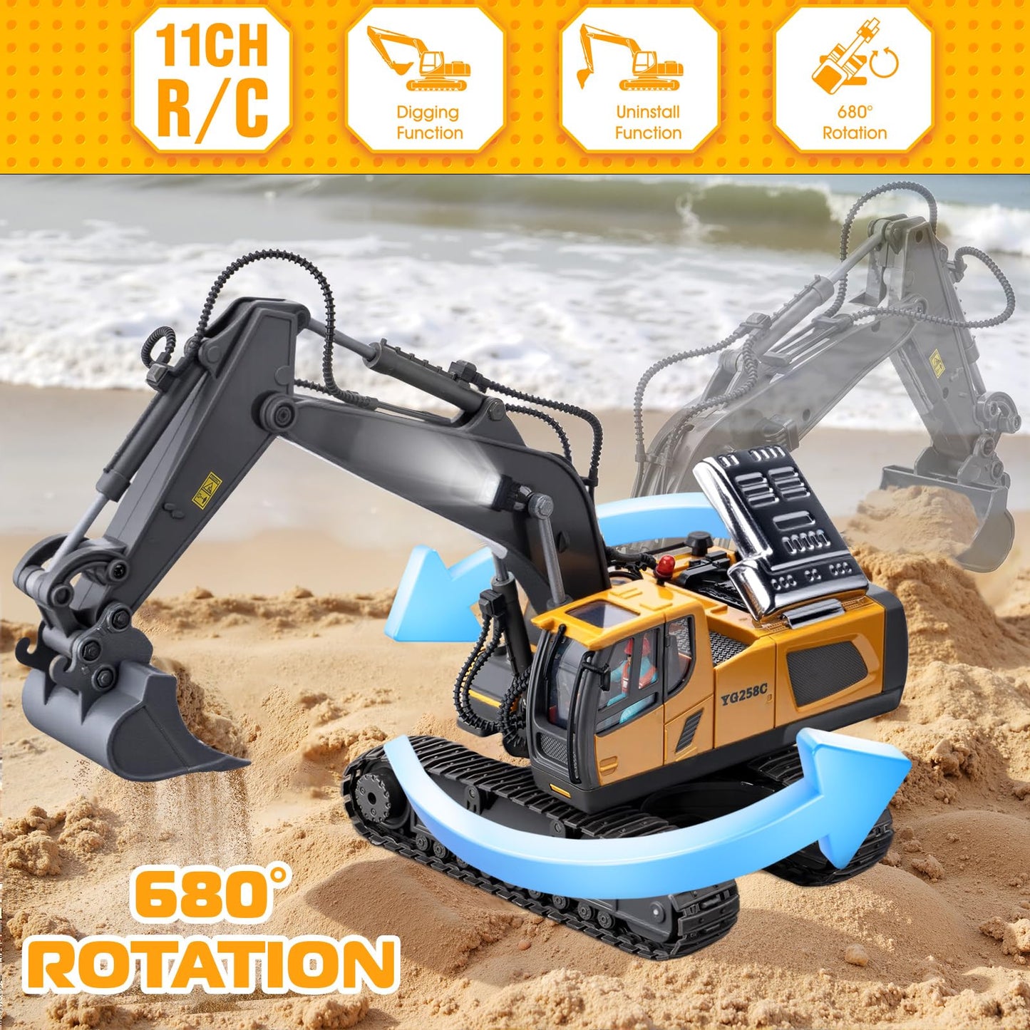 Samtop Remote Control Excavator Toys, 11 Channel 1:20 RC Construction Vehicles, 680° Rotation Car Toys for 6 7 8 9 10 Year Old Boys Kids, RC Truck Digger Toys Christmas 3 4 5 Birthday Gifts