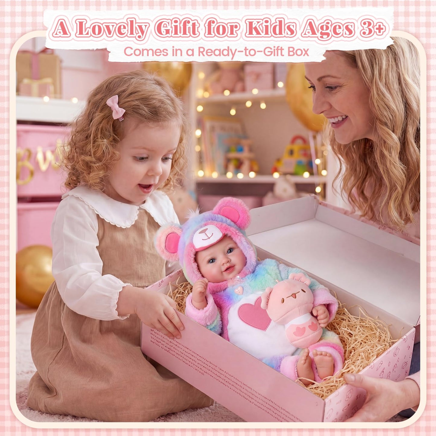 BABESIDE Baby Doll Girl - 17-Inch Soft Body Realistic Baby Doll with Rainbow Bear Outfit Lightweight Real Life Baby Dolls for 3+ 4 5 6 7 8 9 Years Girl Birthday Gifts, Pretend Play and Christmas