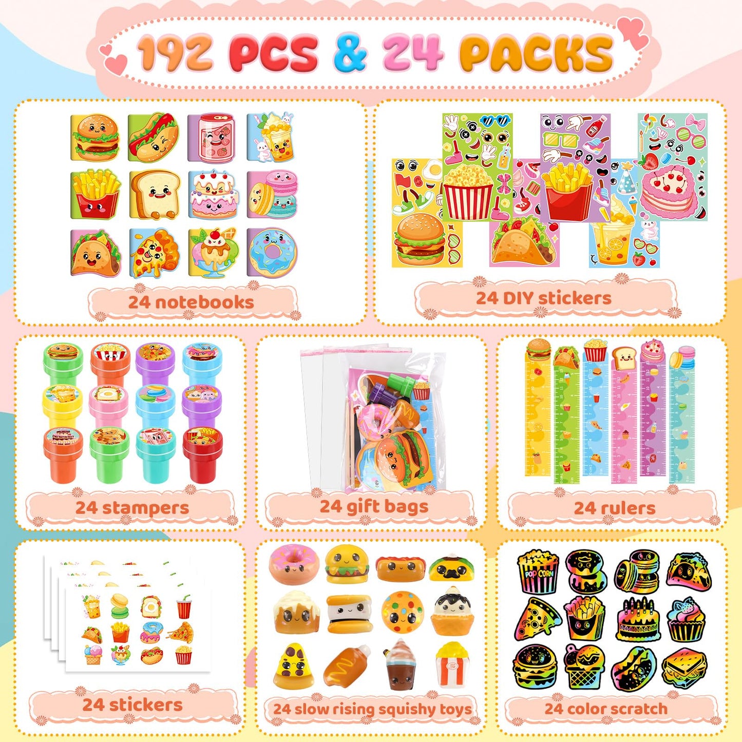 BenLouis 168 Pcs Fast Food Party Favors Snacks School Stationery Bulk for Kids Classroom Donut Birthday Gift Candy Goodie Bag Fillers Pizza Food Drink Decor Pinata Prize Activity Supplies