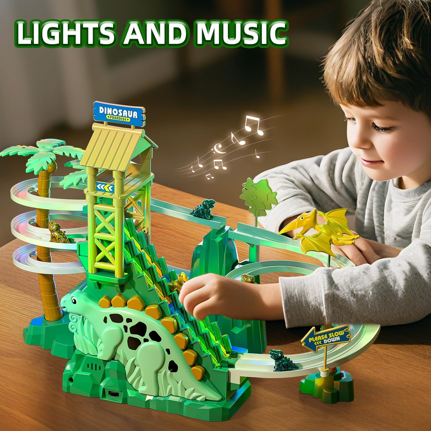 JUKUDAHU Dinosaur Climbing Slide Stair Toy for Toddlers Aged 3 4 5 6 7 8 - Racing Track Game Set, Sliding Car Toy, Dinosaur Themed with Light and Music, Birthday Dinosaur Gifts for Boys Girls Kids