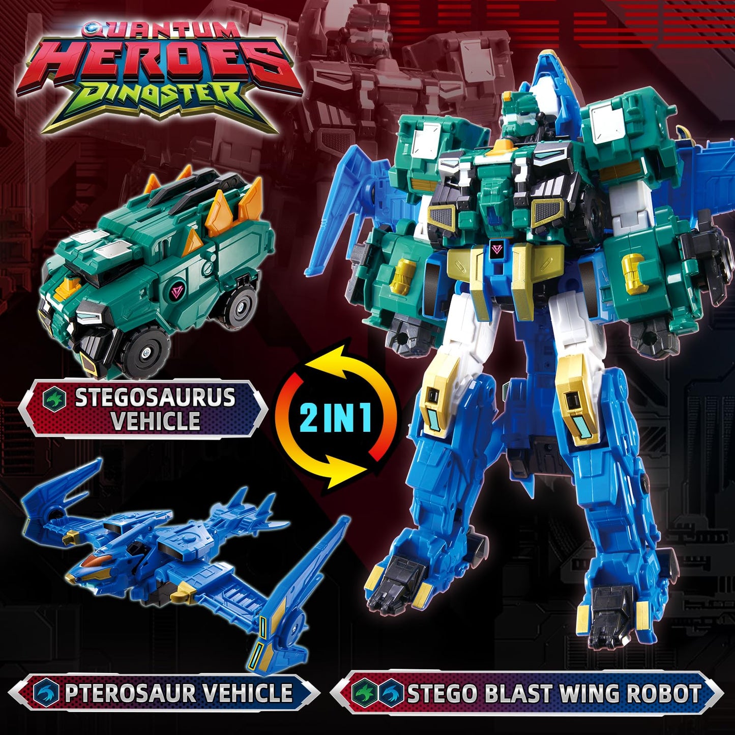 QUANTUM HEROES DINOSTER Transformable Robot 3 in 1 Stego Blast Wing, 11.81 Inches, Transforming Toys for Kids, Chariot Toys, Dinosaur Robot for Boys Girls 5 6 7 8 9 10 Years Old