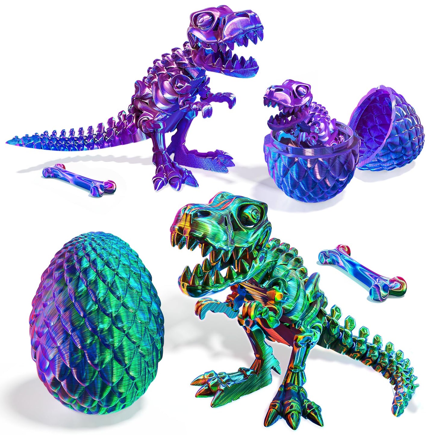 2 Packs Easter 3D Printed Dinosaur Toys for Boys 3-5 Years Skeleton T-Rex Figure with Large Storage Crystal Eggs Easter and Birthday Gifts Fidget Toys for 3 4 5 6 7 8 9 10 11 12 Years Old Boys Girls