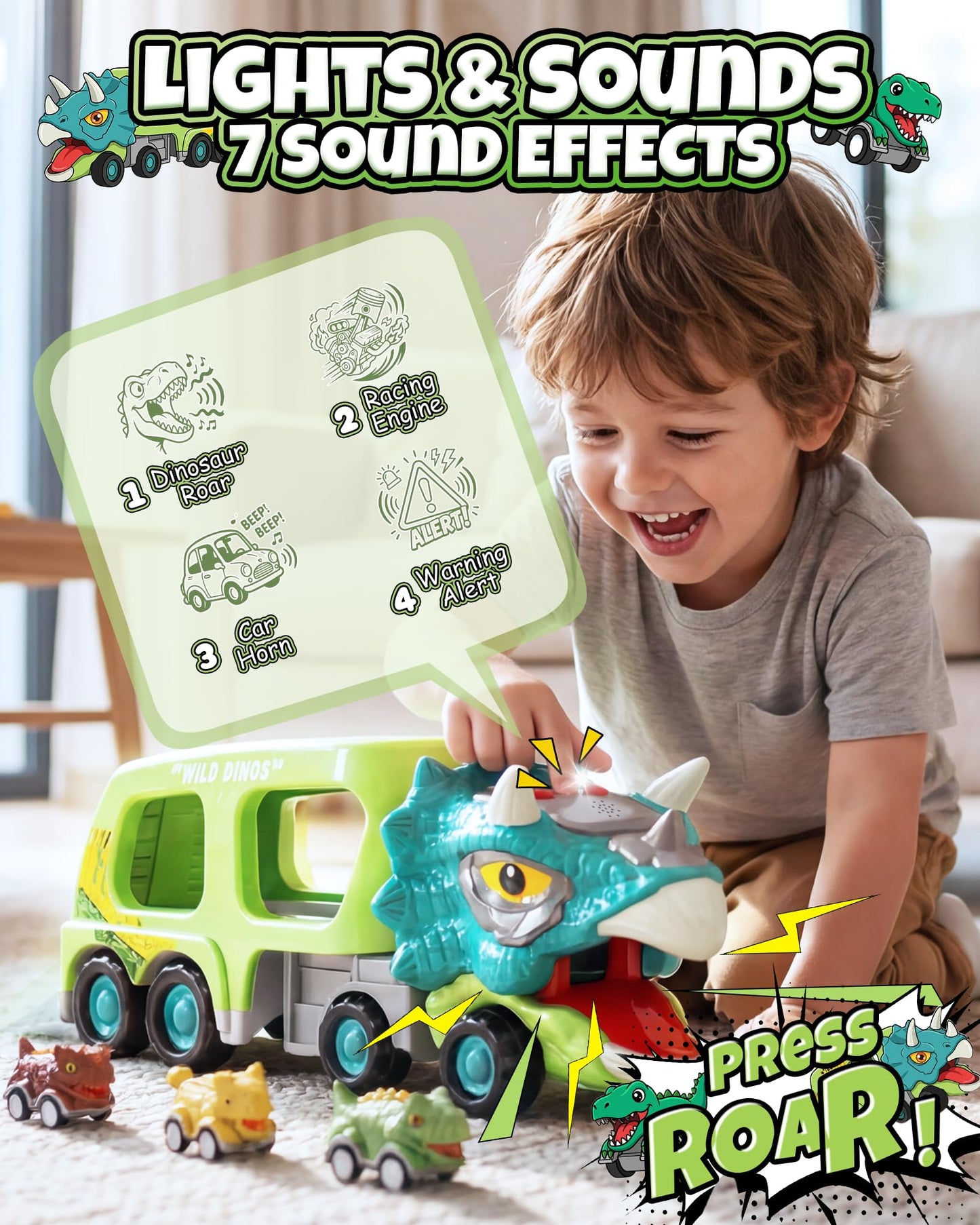 Cozycharm 9 in 1 Dinosaur Toys for Boys, Dinosaur Transport Truck with 8 Pull Back Dino Cars, Toys for 3 4 5+ Year Old Toddlers, Birthday for Grandkids, Blue Green
