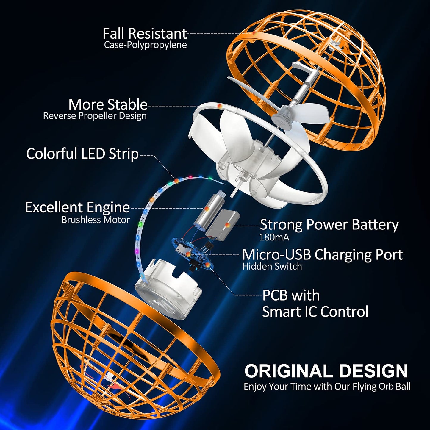 AMERFIST Flying Orb Ball Toy,Cosmic Globe Boomerang Hover Ball Galactic Fidget Spinner, Hand Drone Orbit, Cool Toys Gift for 6 7 8 9 10+ Year Old Boys Girls Teens Outdoor Toys(Orange)