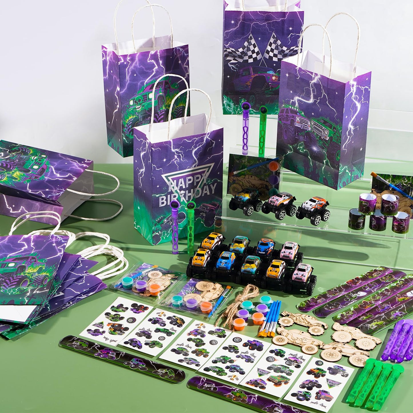 Vanblue 84 Pcs Monster Truck Party Favors Green Purple Truck Car Birthday Decorations Supplies Goodie Bag Stuffers Gift for Boy Party Pinata Filler Classroom Rewards