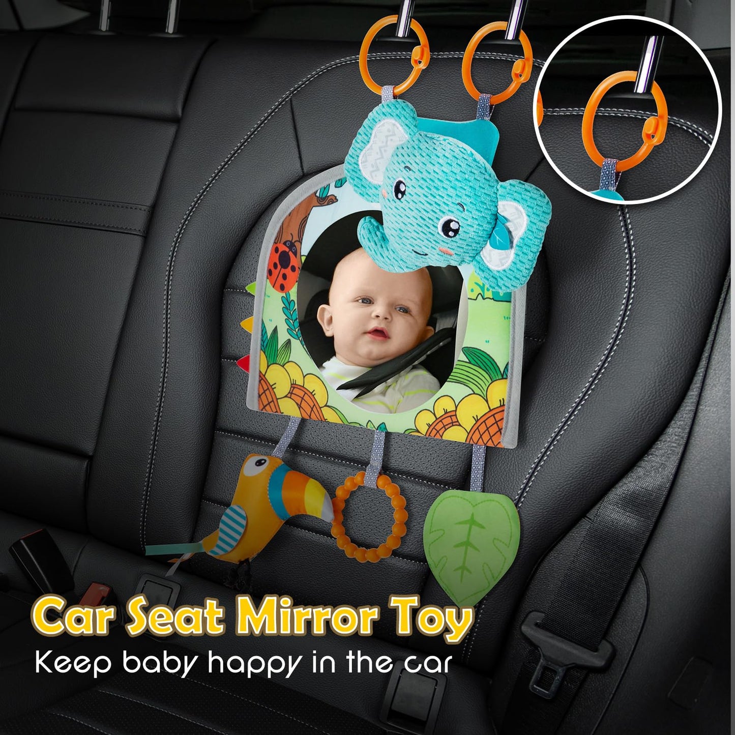 Lynncare Car Seat Toy, Baby Car Mirror for Rear Facing, Travel Baby Activity Center with Hanging Engaging Toys for Infants Babies 0-6-12-18 Months Boy Girl