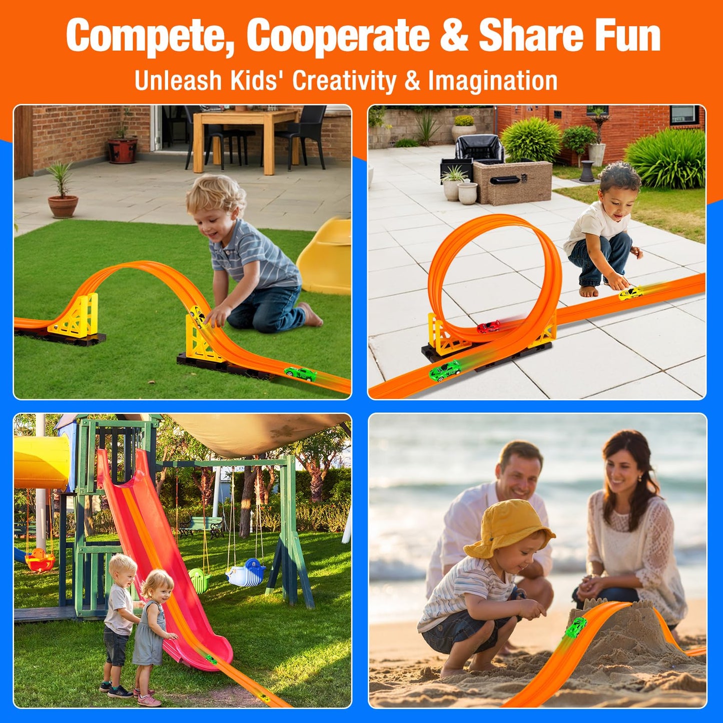 16.4 Ft Flexible Race Track for Kids Outdoor Toys Portable DIY Roll-Up Flex Race Car Track Compatible with Diecast 1/64th Cars Birthday Gifts Easter Basket Stuffers for Kids Boys Girls Ages 3+