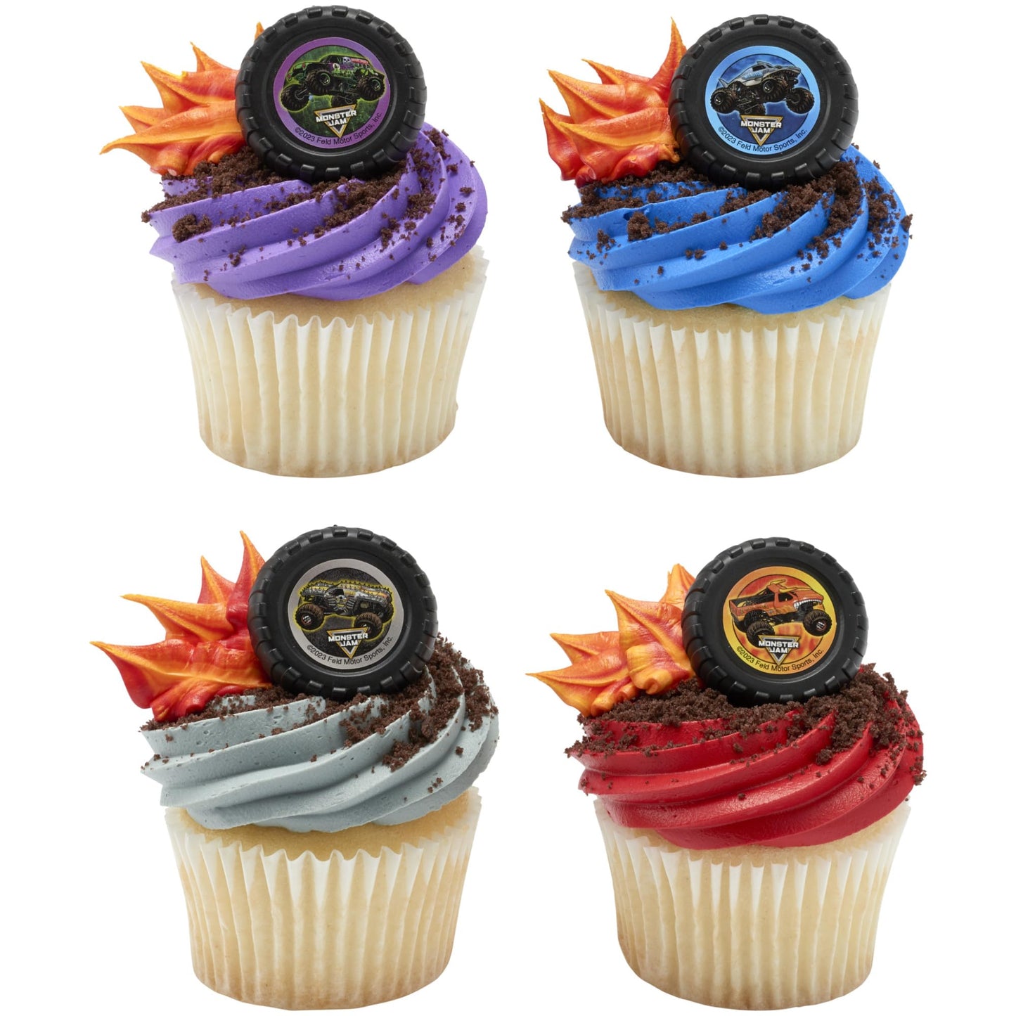 Monster Jam Rings, 24 Monster Truck Cupcake Toppers, Bright Colorful Truck Tire Cupcake Decorations, Food Safe - 24 Pack