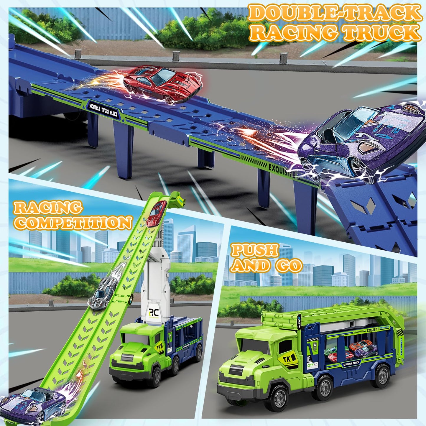 Truck Car Toys for 3, 4, 5, 6, 7, 8 Years Old Kids, Carrier Truck Race Track Toys, Foldable Transport Car Toys with 2 Foldable Race Tracks, 6 Metal Cars, Birthday Gifts for Toddler Boys Girls