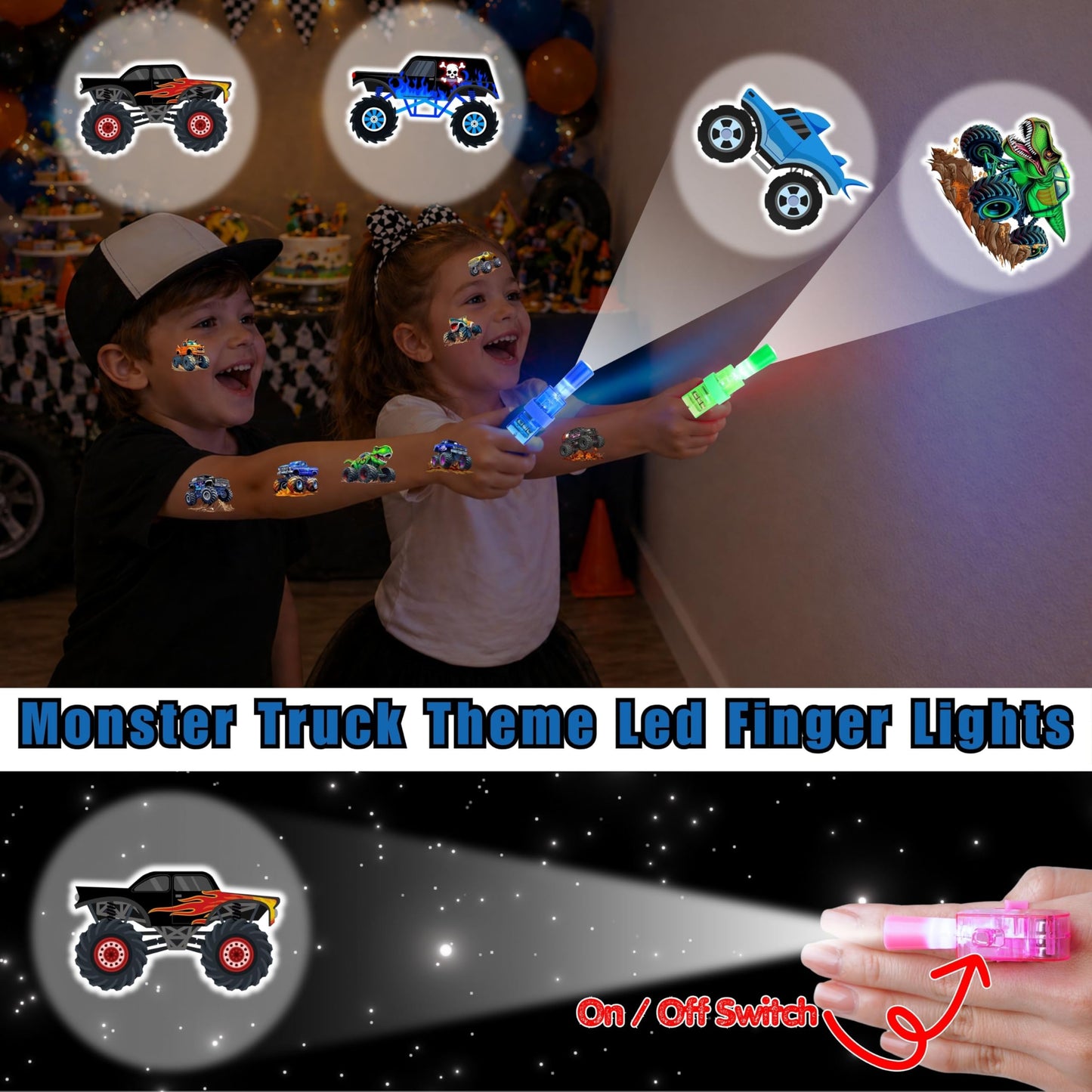 72 PCS Monster Truck Party Favors – 48 PCS Tattoos & 24 PCS LED Finger Lights Combo – Birthday Goodie Bag Fillers, Party Supplies, Gifts Light Up Toys Glow In The Dark for Boys and Girls