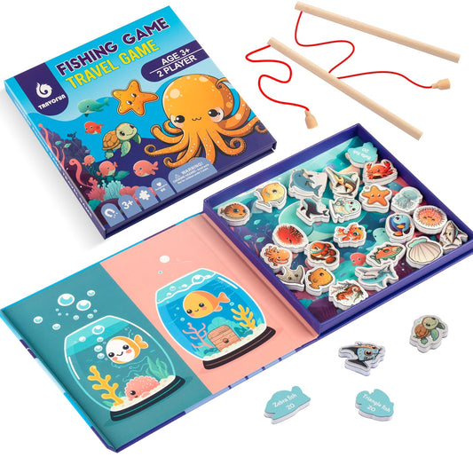 TRAVOFUN Magnetic Fishing Game Book - Travel Toys for Toddlers 3-5 - Car Road Trip Essentials & Airplane Activities for Kids - Montessori Learning Gift with 2 Poles & 27 Ocean Fish (Quiet & Portable)