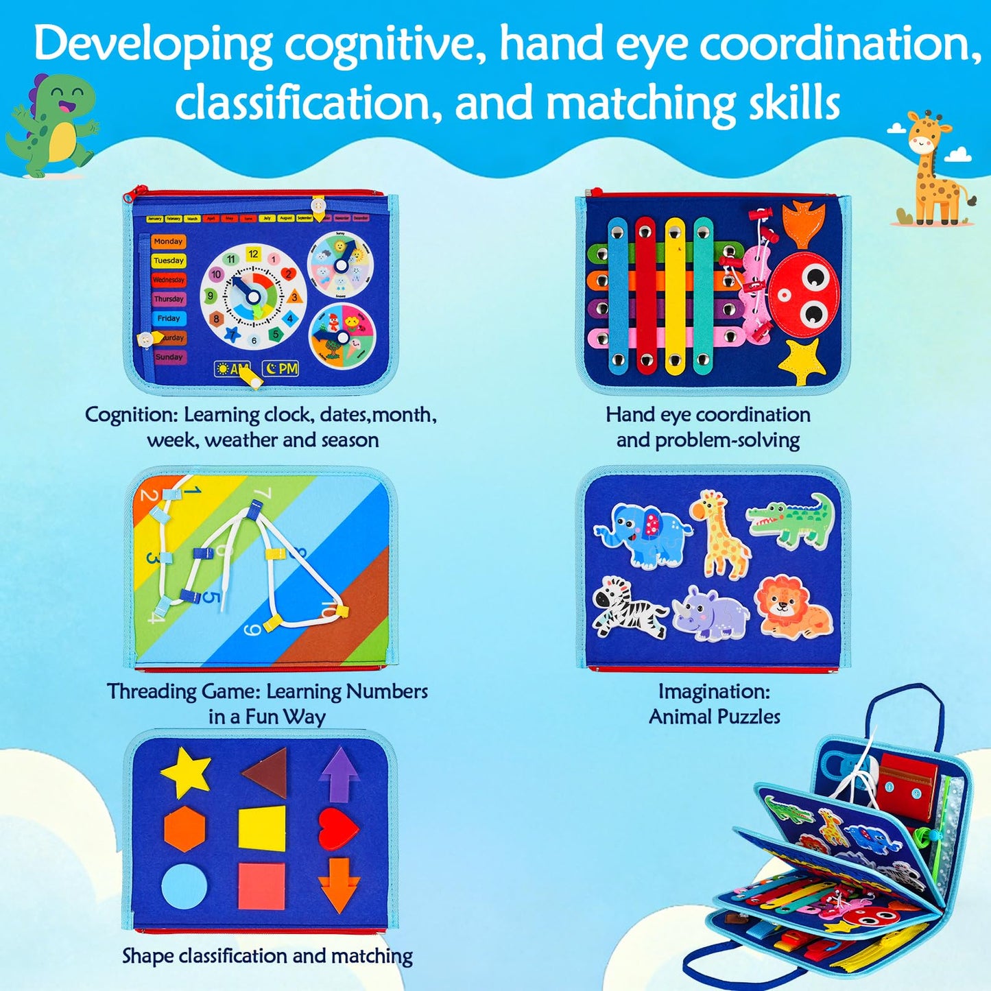 GiggleCraft Montessori Busy Board for Toddlers – Sensory Busy Book with Buckles, Zippers, Letters, Animals, Toddler Activities – Fine Motor Skills Development Learning for Boys Girls Travel Activity
