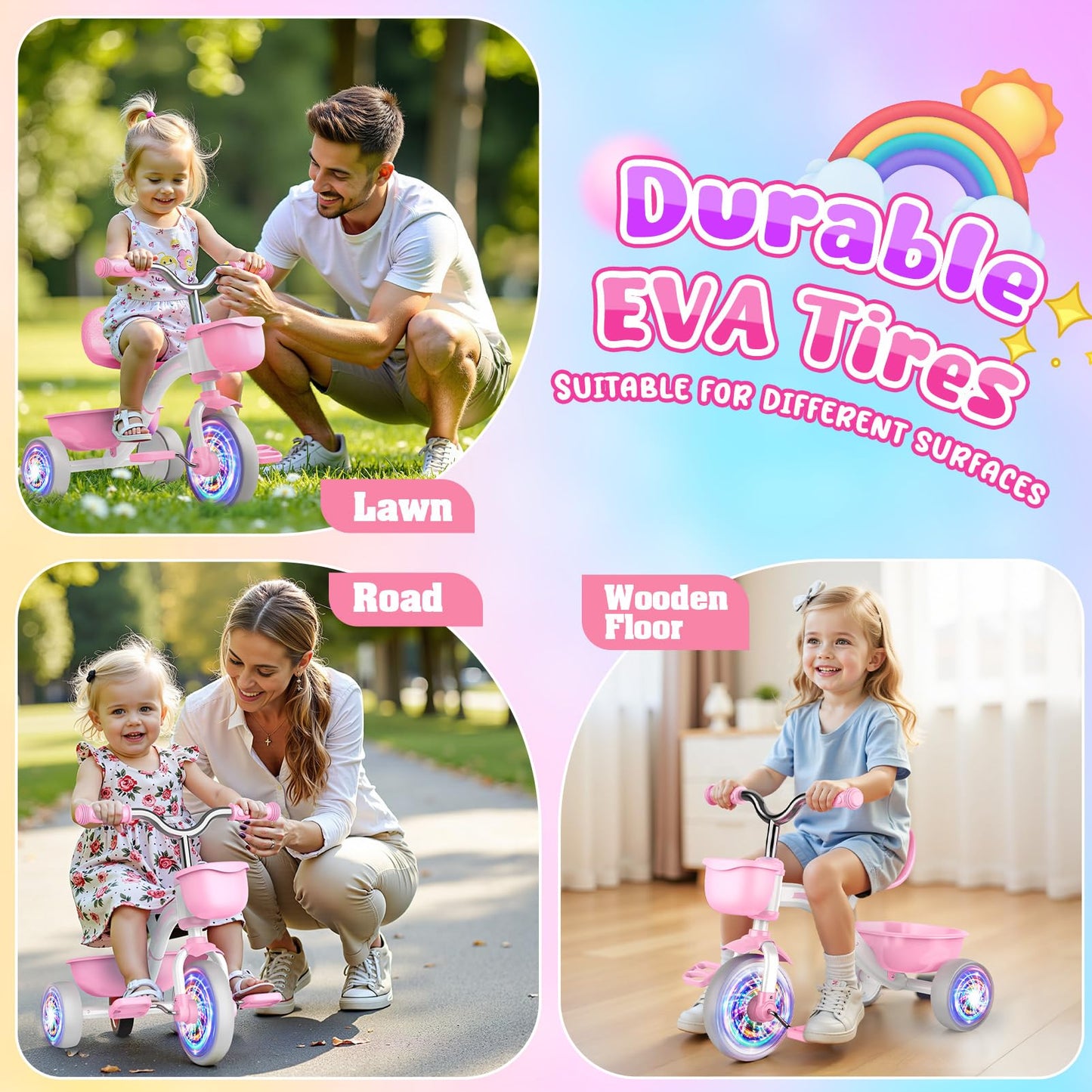 Kkdi Toddler Tricycle for 1-3 3-5 Year Olds, 2 3 4 5 Year Old Girl Birthday Gifts, Pink Toddler Baby Bike, 4-Level Adjustable Seat, 3 Color Light Wheels, 2 Baskets, Outdoor Riding Toys for Ages 2-4