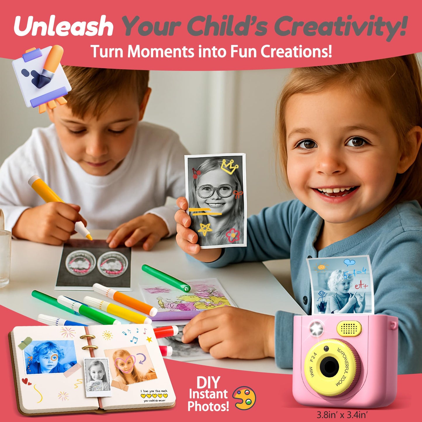 ROHSCE Instant Camera for Kids, Digital Print Camera 48MP 1080P, Color & B&W Printing, 2.4" Display, USB-C Rechargeable, 32GB Card, Christmas & Birthday Gifts for 3-12 Year Old Girls Boys (Pink)