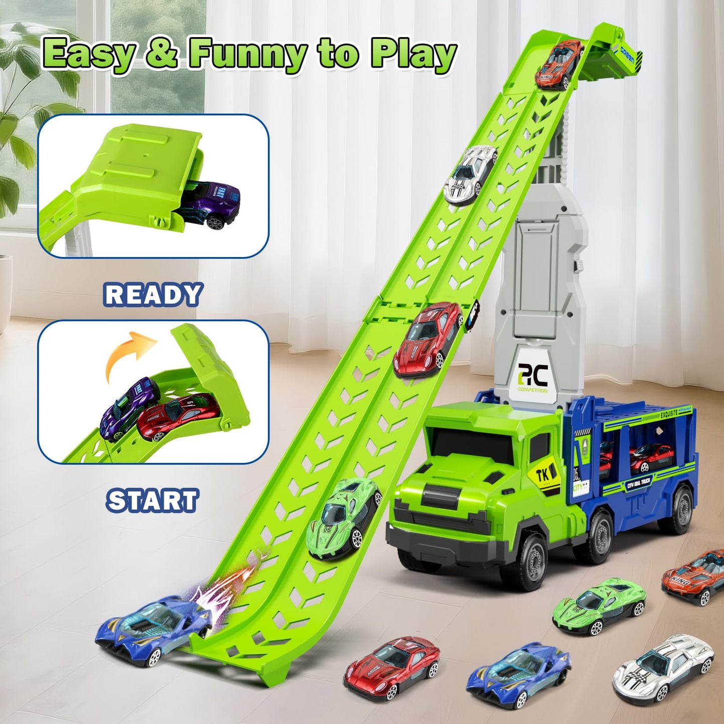 Kids Toys for 3 4 5 6 7 8 Years Old Boys, 3 in 1 Carrier Truck Transport Car Toys, Foldable 2 Track Truck Playset with 25-in Race Track, 6 Metal Toy Cars, Birthday Toy Gift for Toddler Boys Girls