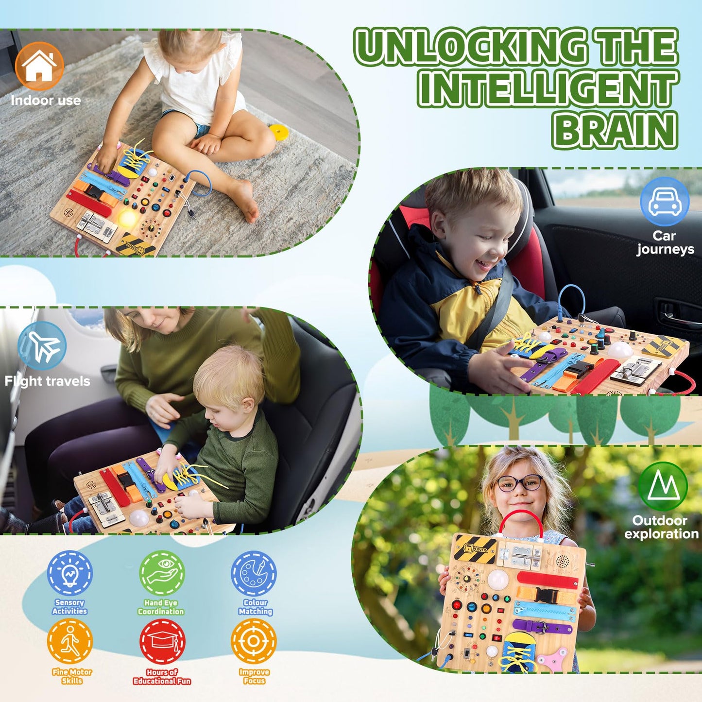 23-in-1 Montessori Busy Board with LED Lights Educational Wooden Activity Toy for Toddlers Ages 1-3, Travel Sensory Board with Switches Locks Music Box Fine Motor Skills Learning Toy for Boys Girls