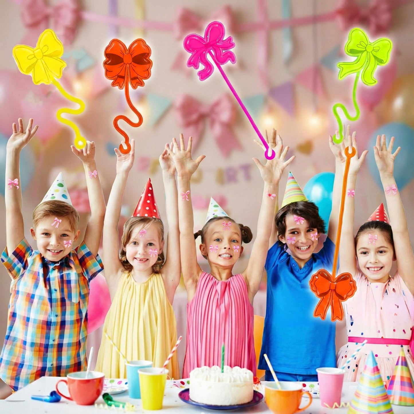 48PCS Bow Party Favors - 24PCS Temporary Tattoos & 24PCS Stick Hands Party - Perfect Birthday Party Supplies, Goodie Bag Stuffers, Treasure Box Toys, Classroom Prizes, and Student Gifts