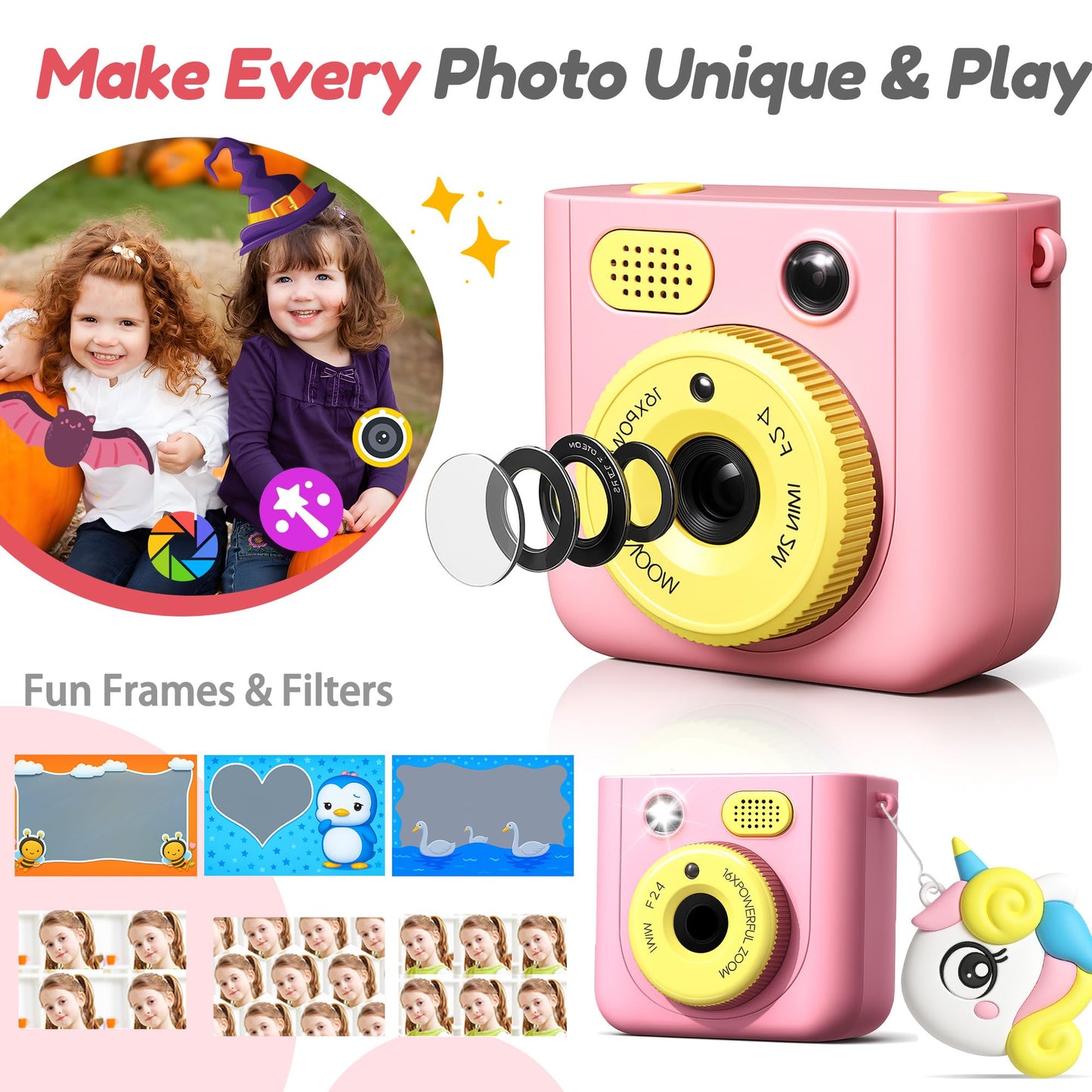 ROHSCE Instant Camera for Kids, Digital Print Camera 48MP 1080P, Color & B&W Printing, 2.4" Display, USB-C Rechargeable, 32GB Card, Christmas & Birthday Gifts for 3-12 Year Old Girls Boys (Pink)