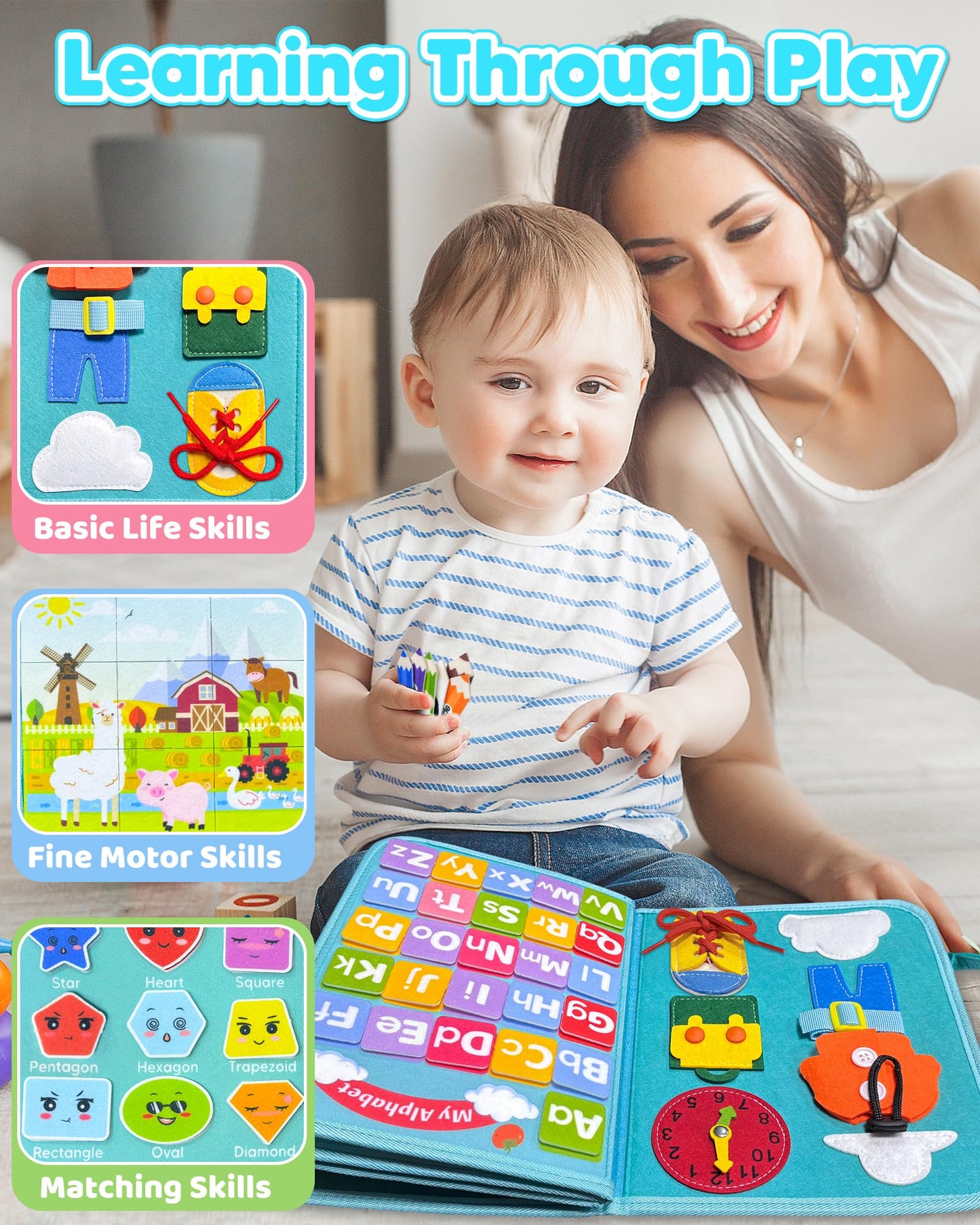 Walenty Busy Board Montessori Toys for Toddler Boy Girl Birthday Gifts, Busy Book Sensory Learning Toys for Toddlers, Educational Activities Airplane Car Travel Toy for Toddlers