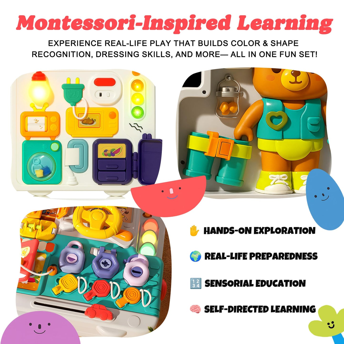 ROHSCE Montessori Busy Board for Toddlers 1-3, Baby Educational Activity Board with Lights & Music, Sensory Toys for Fine Motor Skills, Travel Toys for Airplane Cars, Gift for Boys Girls