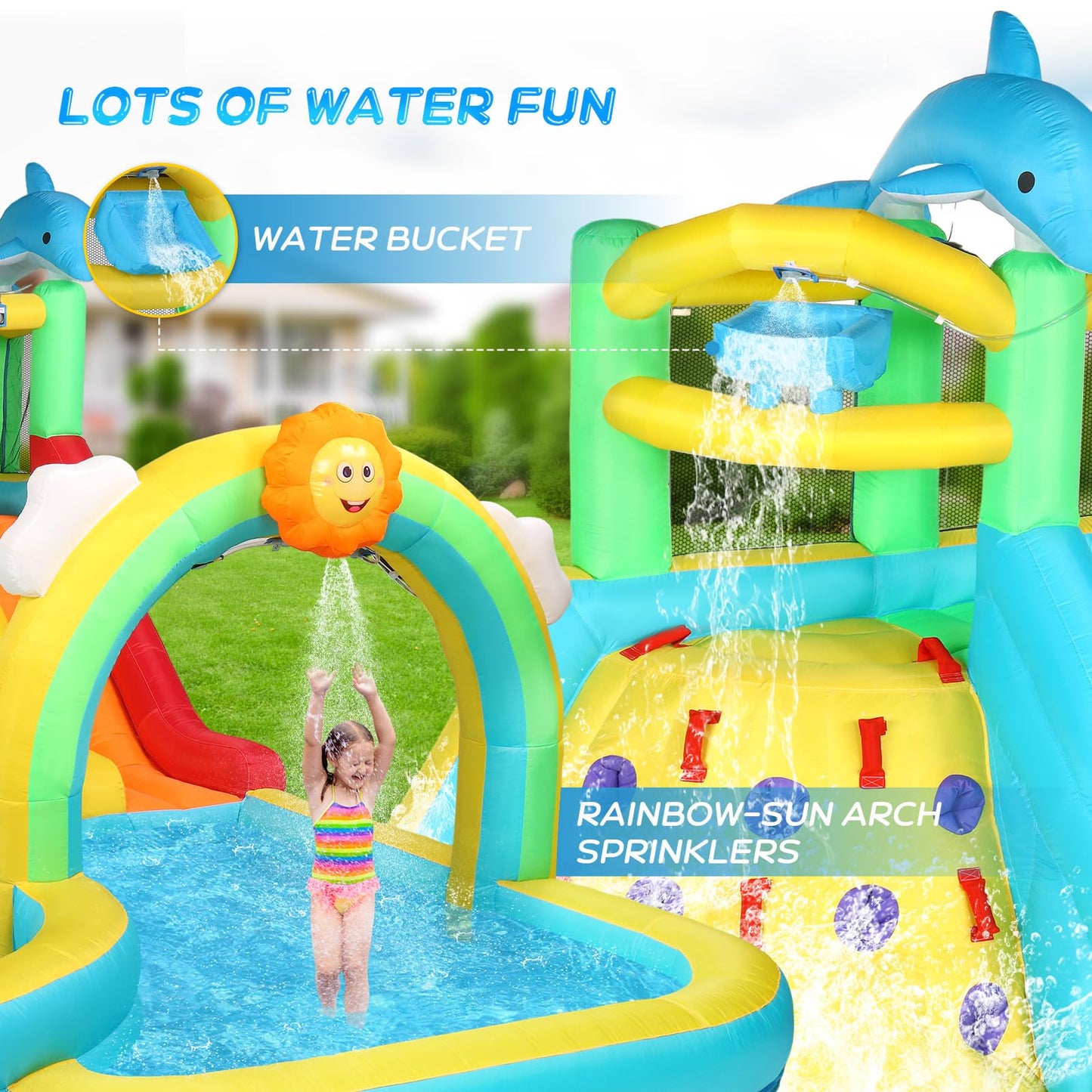 (2026 New) JOYMOR Inflatable Water Slide Bounce House w/Water Bucket, Climbing Wall, Pool, Rainbow Sprinklers, 1min Blow Up Water Slide 10-in-1 for Kids w/Strong Blower, Carrying Bag