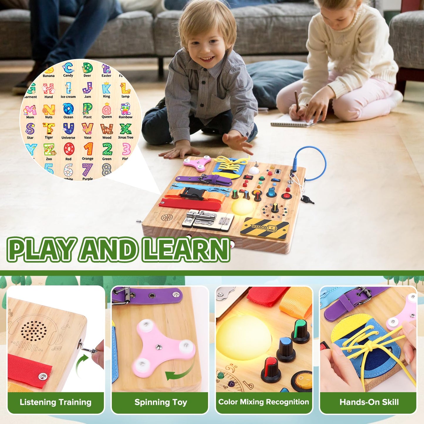 23-in-1 Montessori Busy Board with LED Lights Educational Wooden Activity Toy for Toddlers Ages 1-3, Travel Sensory Board with Switches Locks Music Box Fine Motor Skills Learning Toy for Boys Girls