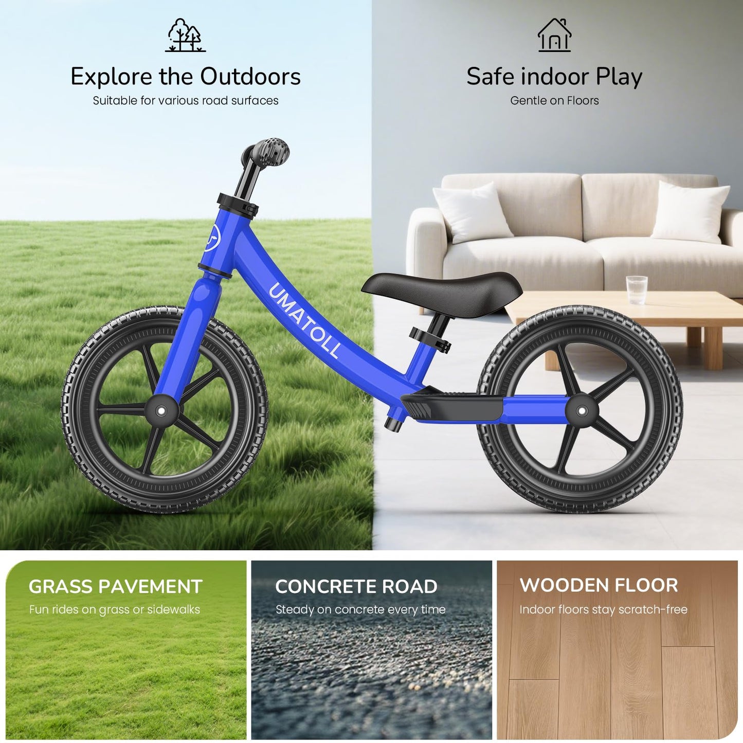 Umatoll Toddler Balance Bike 2 Year Old, Kids Bike Toy for 18 Months to 5 Years Old, Tool-Free Adjustment, Birthday Gifts for 2-3 Boys Girls, No Pedal (Blue)