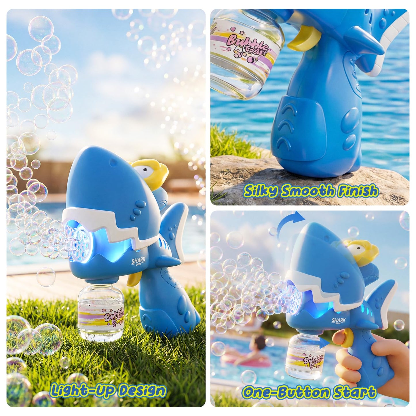 Bubble Guns for Toddlers 1-3, 2 Pack Movable Mouth Dino & Shark Bubble Machine Toys, Chomping Action Automatic Bubble Blaster w/LED Lights & 10 Refills, Rechargeable Outdoor Party Gifts for Ages 3-8