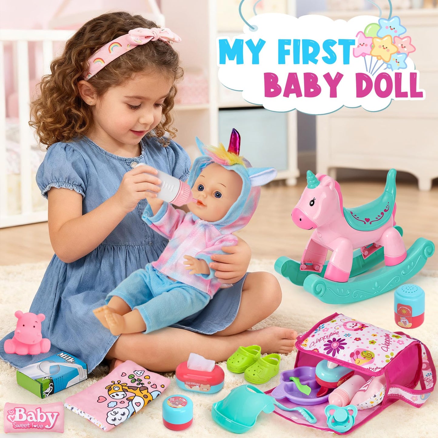 Golray 12 in Baby Doll Toys Set with Stroller for 3 4 5 6 Year Old Girl - 26pcs Babydoll with Accessories Rocking Horse/2 Clothes, Feeding Nursing Pretend Play Toddler Girl Toy Gift 3-5-7