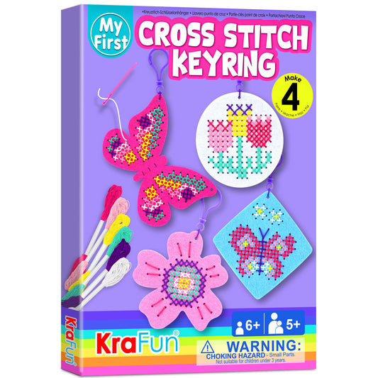 KRAFUN My First Cross Stitch Kit for Kids Age 5+, 4 Butterfly Flower Keyring Embroidery Projects, Arts & Crafts Gift for Girls, DIY Felt Backpack Charm Ornament with Butterfly Daisy Rose