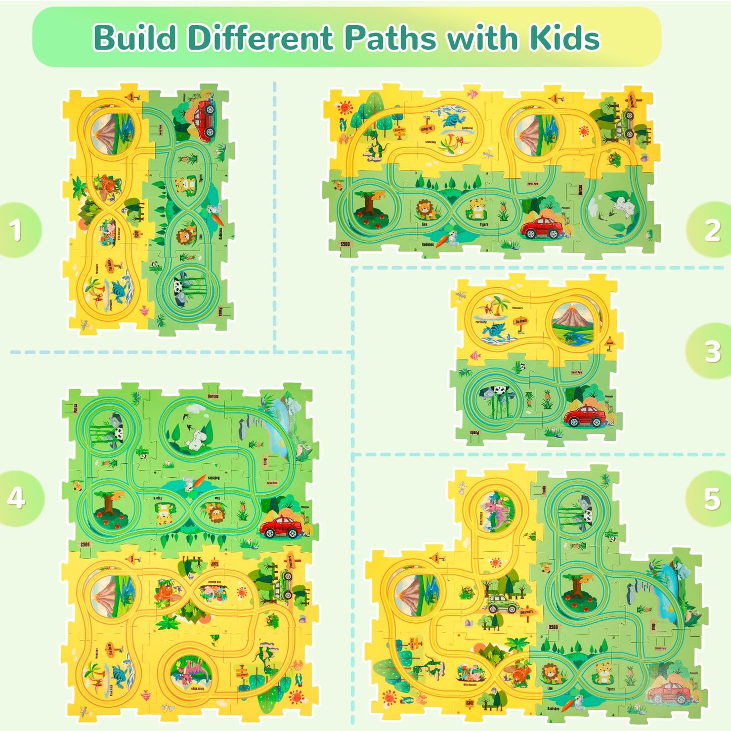 YOOYID Plastic Floor Puzzles for Kids Ages 3-5 with 2 Cute Vehicles, Race Tracks for Kids 3-5, Puzzle Racer Kids Car Track Set, Toys for 3 4 5 6 Year Old Boys Girls, STEM Toys for Kids