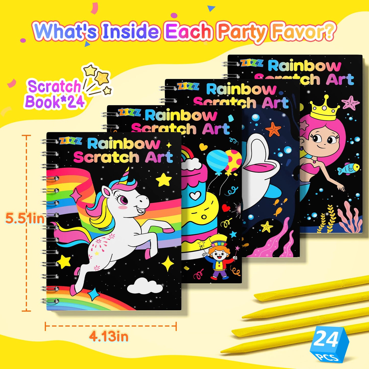 ZIZZ Scratch Art Party Favors for Kids 4-10: 24 Pack Rainbow Scratch Notebooks Gifts Kits - Mess Free Coloring Books Birthday Goodie Bags Stuffers School Classroom Travel Games for Girls Boys Toddler