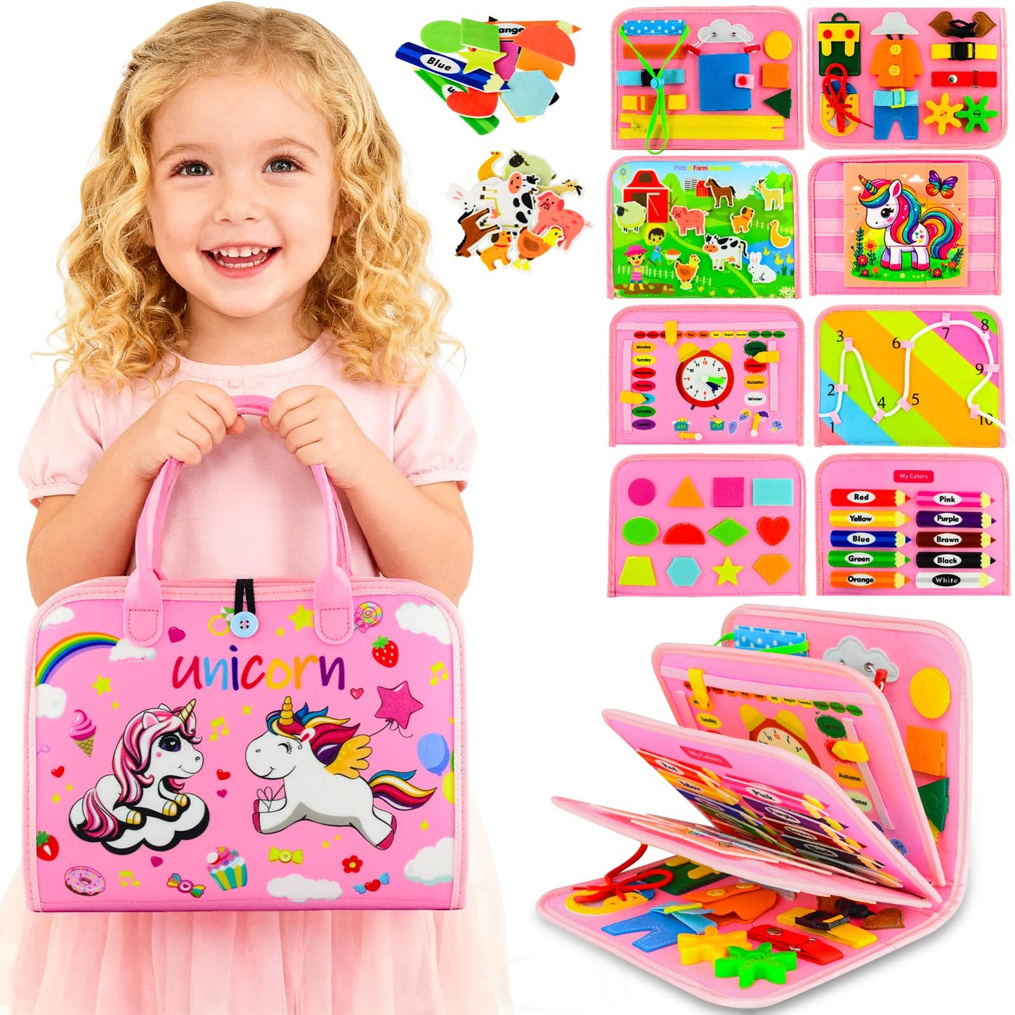 Toddler Busy Board Montessori Toys for Toddler 1-3 Year Old, Girl Birthday Gift, Preschool Educational Montessori Busy Book Board, Felt Sensory Activity Board Sorting Toy Age 2-4 with Fine Motor Skill