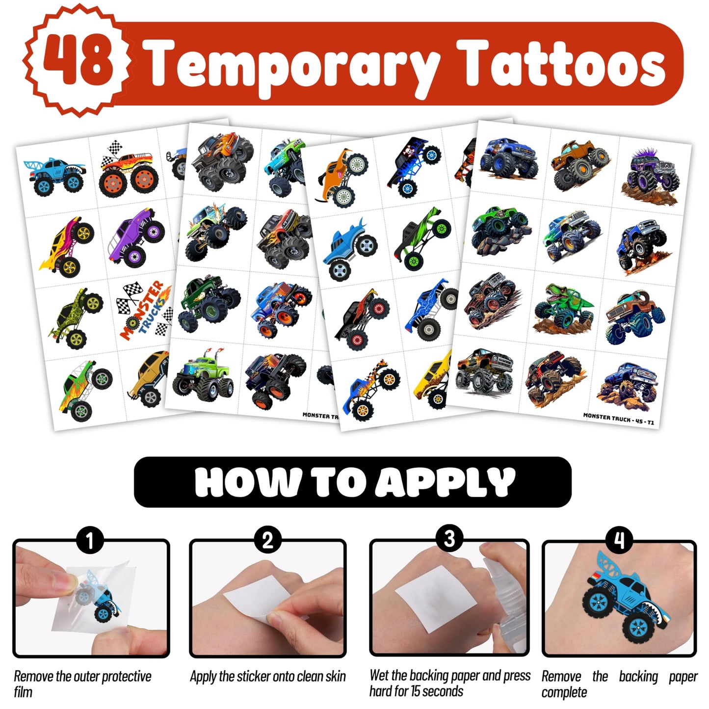 ThuanXuanLoc 72 PCS Monster Truck Party Favors - 48 PCS Temporary Tattoos & 24 PCS Punch Balloons Combo - Birthday Gifts & Goodie Bag Fillers