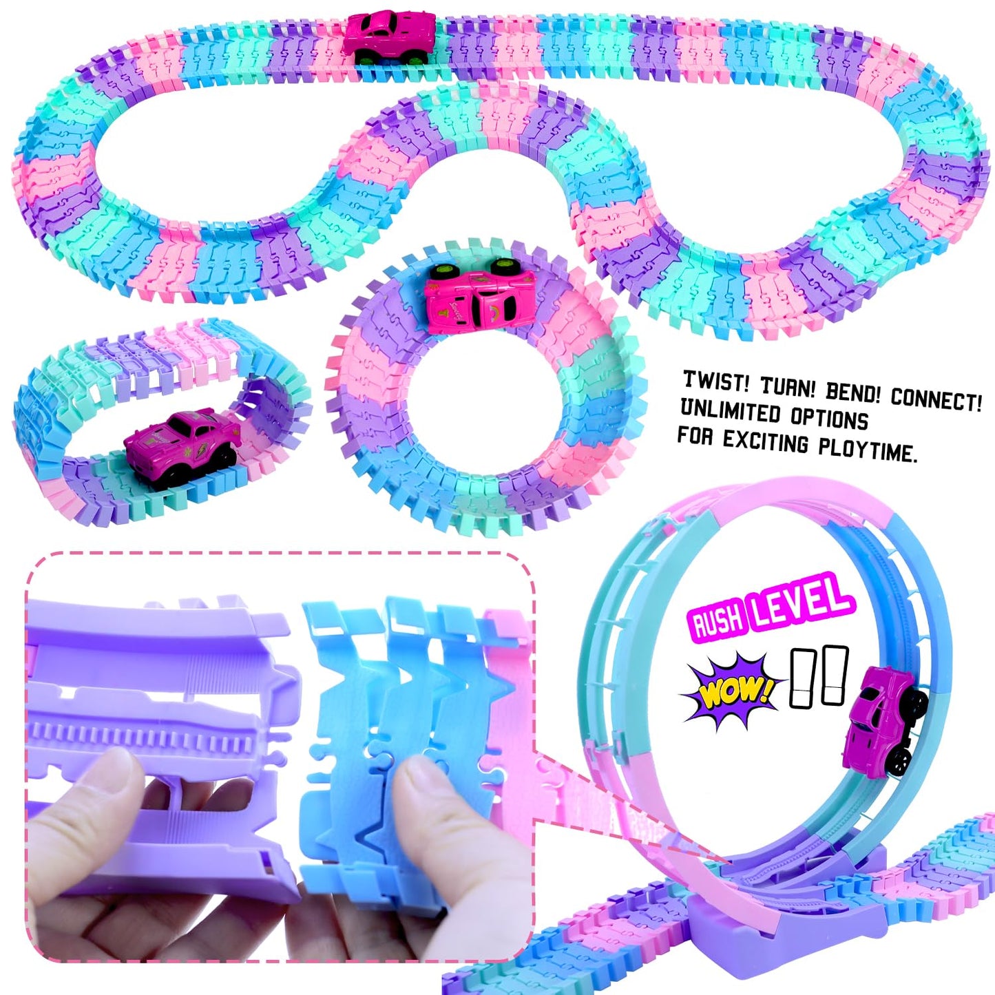 SCKTYZS Tracks Car Toys for 3 4 5 6 Year Old Girls Kids,177 PCS 360°Rotating Track Flexible Car for Girls 3-5 Toddler Flex Track Race Cars Toys Birthday Gifts