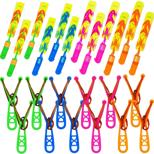 JX 48 Sets LED Flying Set, 24 Slingshot+24 Glow Helicopter, Flying Toy Outdoor Toys Glow in The Dark Party Supplies Party Favors for Kids