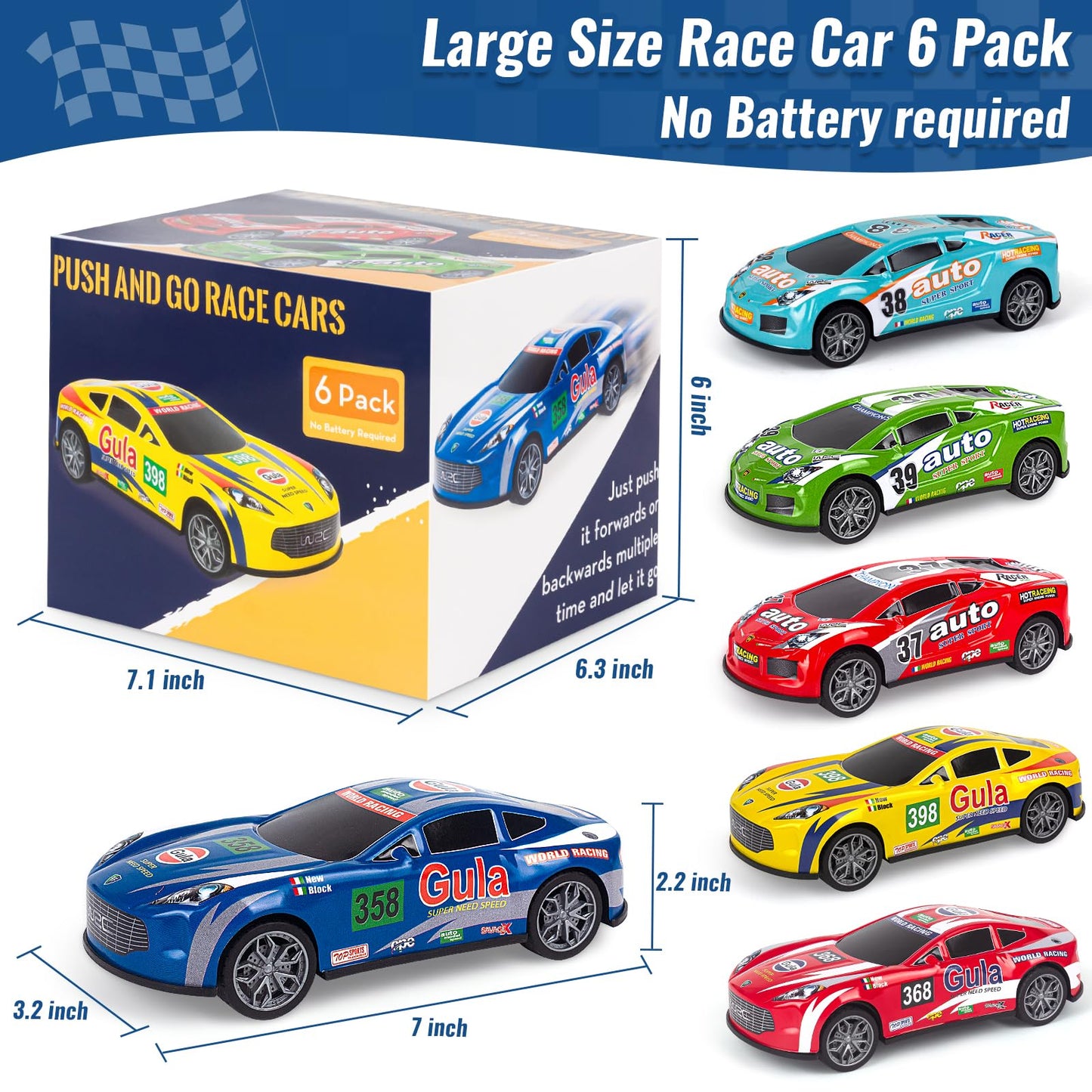 YEQOIZ Race Toy Cars for Toddler Boys Girls 7 Inch Friction Powered Trucks for Kids Ages 3 4 5 6 7 8 Years Old Stocking Stuffers for Kids - 6Pack