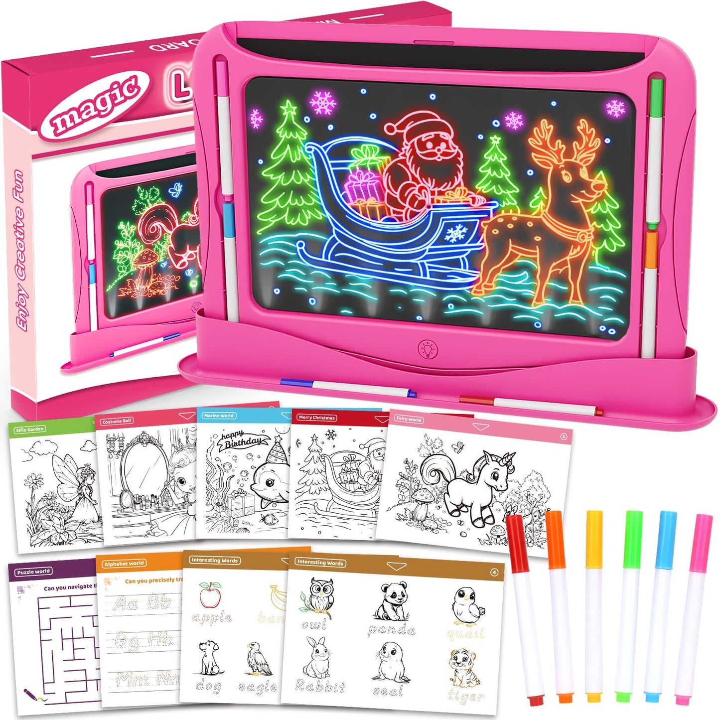 Ultimate LED Drawing Board for Kids Ages 5-7, Girls Toys Age 6-8, Christmas Birthday Gifts, Light Up Tracing Pad, 9 Double-Sided Cards, 6 Markers, Arts Crafts Learning Toy, Magic Doodle Writing Tablet