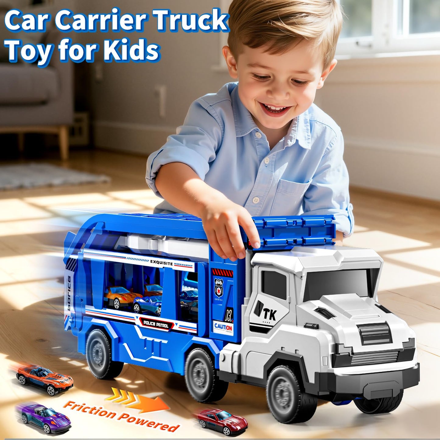 GOGIHCCH 3-in-1 Kids Carrier Truck Toy Car Tracks for Toddlers 2-4 Years Old with 12 Racing Cars Toys, Foldable Chasing Race Track and Car Garage, Car Ramps Birthday Gift for Boys Girls 3-5 4-8(Blue)