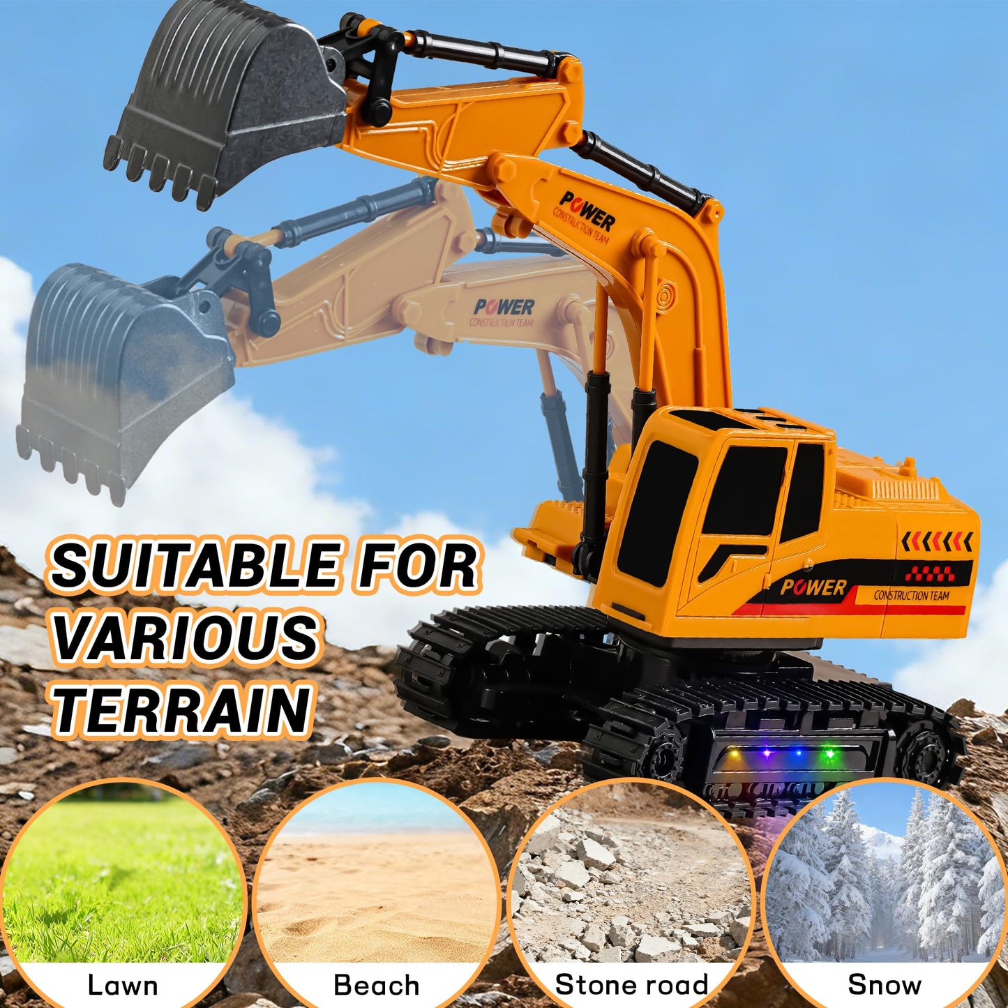 SANGQAOFU Remote Control Excavator Toy 12-Channel Mini RC Excavator with 2 Batteries & Metal Bucket Lights Sounds RC Digger Construction Vehicles Toys for Boys 3+ Years Old
