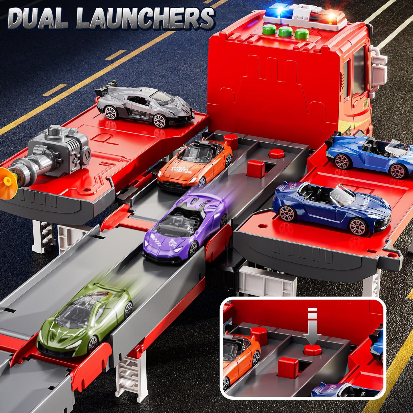 XINNOVEL Fire Trucks Toys for Toddlers Ages 3-5, Folded Carrier Truck Race Track with with Lights & Sounds and 6 Racing Car Toys, Birthday Gift for 3 4 5 6 7 8 Years Old Boys Girls