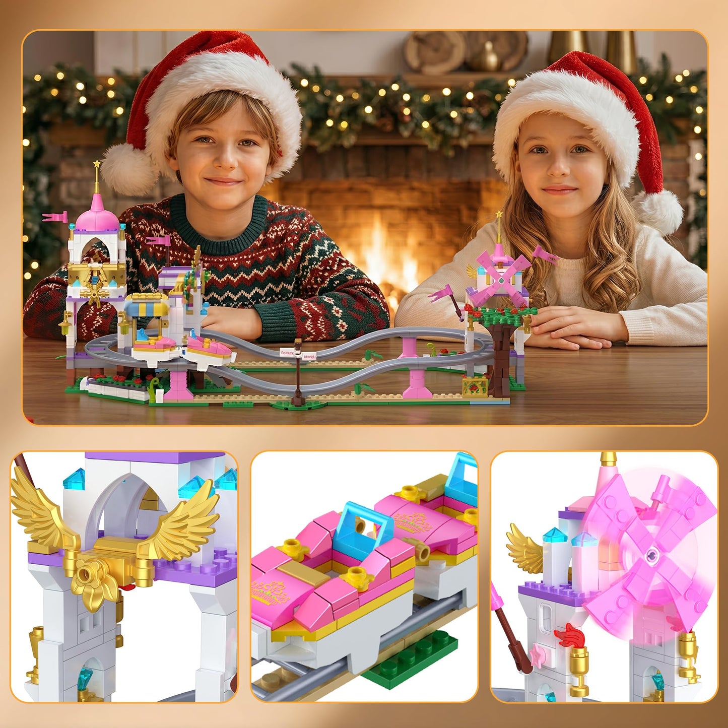 Leyic 2 in 1 Castle Roller Coaster Building Set, 749 Pcs STEM Amusement Park Construction Kit for Kids, Pink Playground Blocks Birthday Gift Toys for Girls Ages 6 8-12