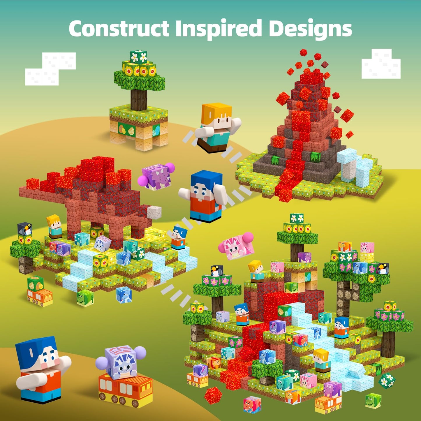 GobiDex Large Size Magnetic Building Blocks Volcano Dinosaur Set for Toddler, 100PCS Sensory STEM Toys for Kids Ages 3-5 5-7 4-8, Birthday Gifts for 3+ Year Old Boys Girls Kids (1 inch)