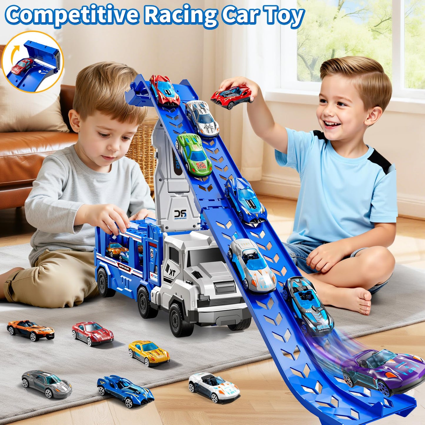 GOGIHCCH 3-in-1 Kids Carrier Truck Toy Car Tracks for Toddlers 2-4 Years Old with 12 Racing Cars Toys, Foldable Chasing Race Track and Car Garage, Car Ramps Birthday Gift for Boys Girls 3-5 4-8(Blue)