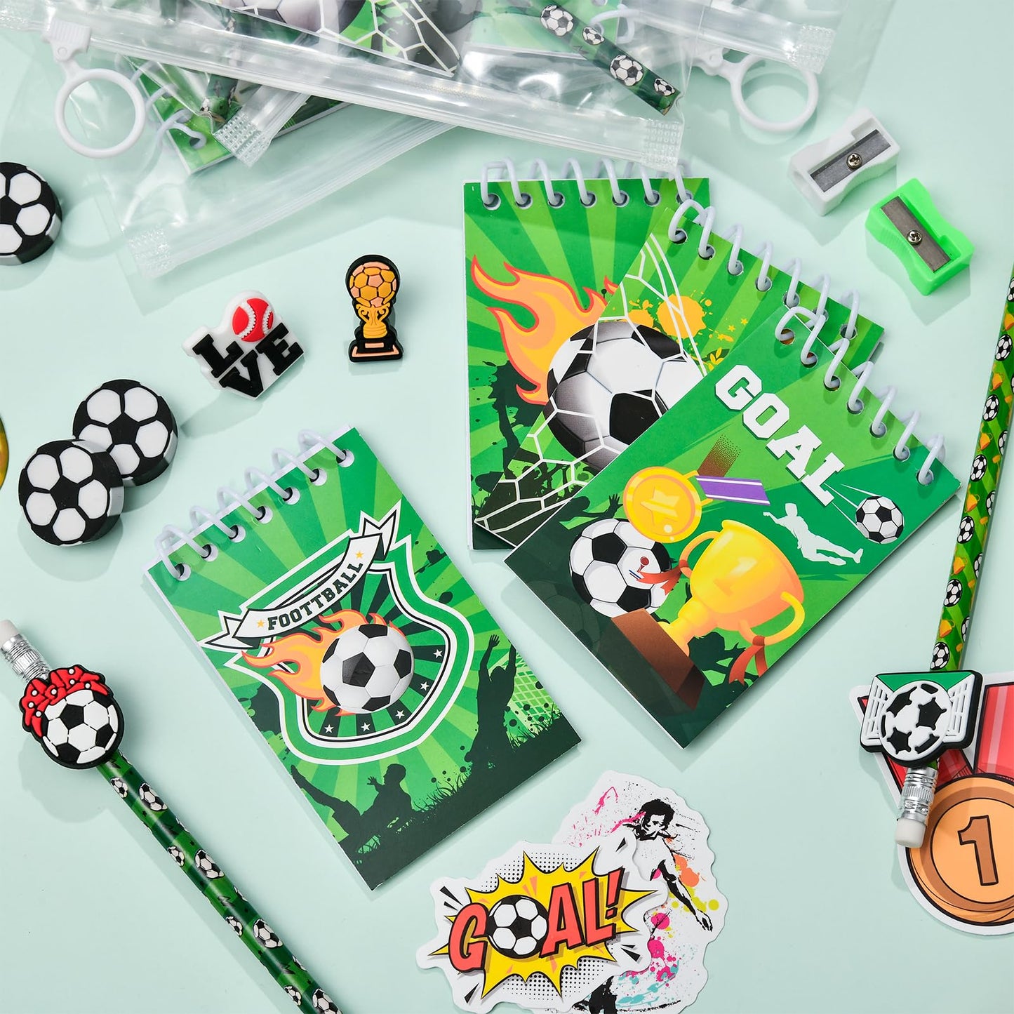 SNLN Soccer Party Favors Birthday Supplies School Stationery Bulk - Mini Notebook Pencil Eraser Bookmark Sharpener Bag Sticker, Goodie Stuffer Pinata Filler Boy Kids Soccer Themed Party Supplies