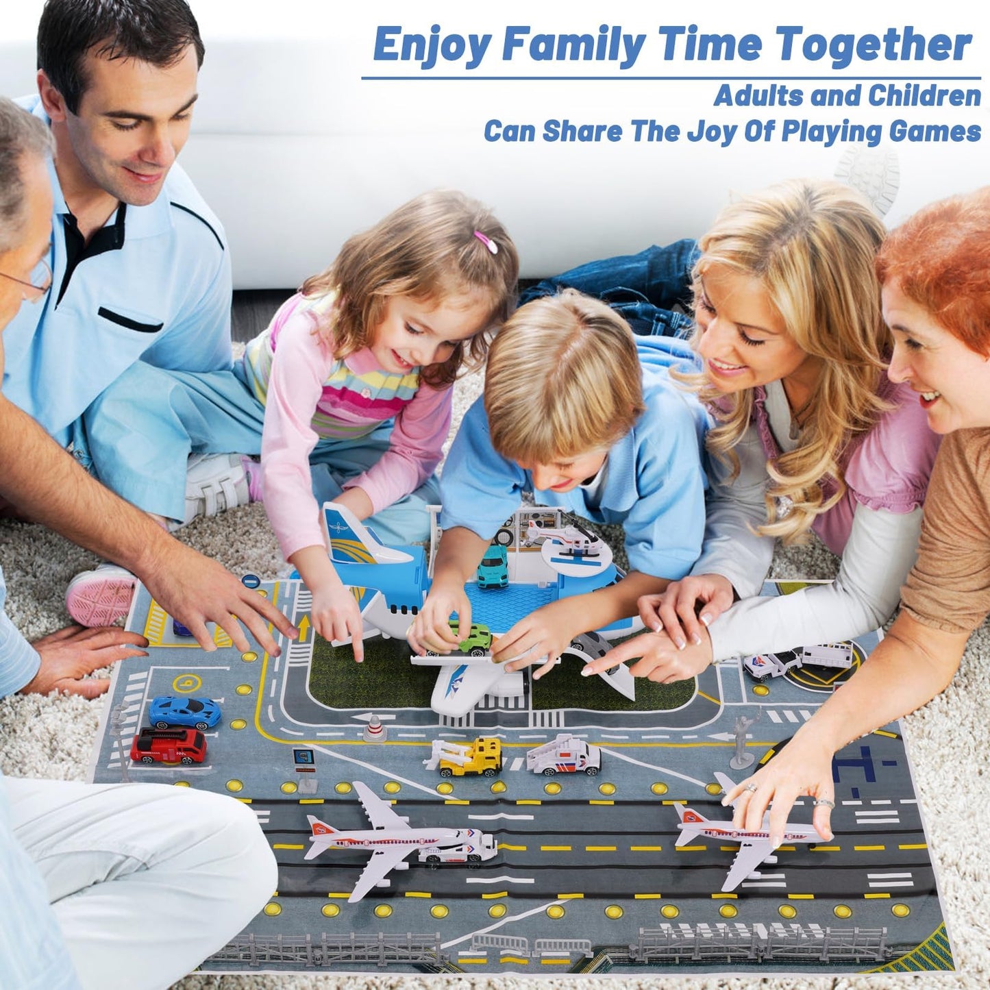 Airplane Toy Car Toy Set Airport Playmat with Helicopter, Truck, Plane, Sign Parking Lot Toy Set with Traffic Signs and Road Accessories Transport Airplane Scene Play Mat for Toddler Age 3+