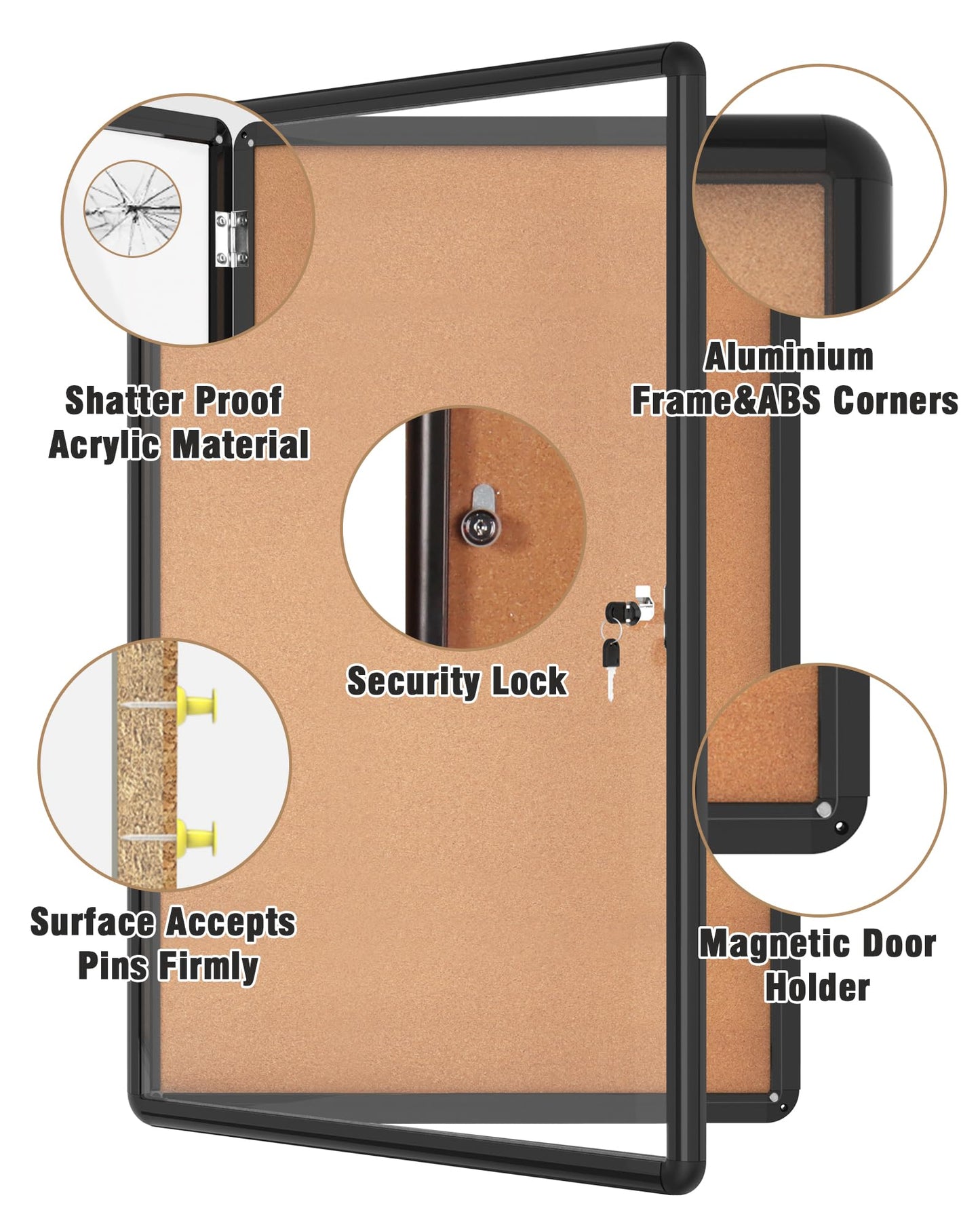 Mifuro 36"x24" Enclosed Bulletin Board, Lockable Weather-Resistant Aluminum Cork Noticeboard for School & Office, Black Frame w/Cork