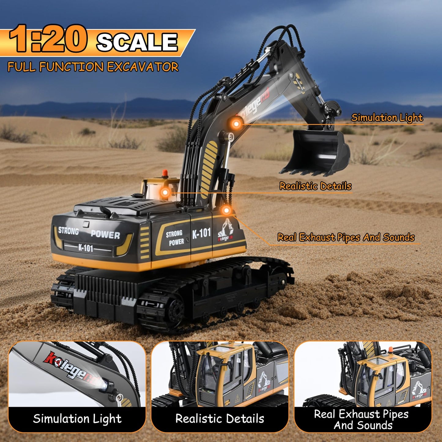 kolegend Remote Control Excavator Toy for Boys, 11 Channel RC Construction Truck with Lights, 2 x Batteries RC Excavator Toys Gift for 6 7 8 9 10 Years Old Kids Boys